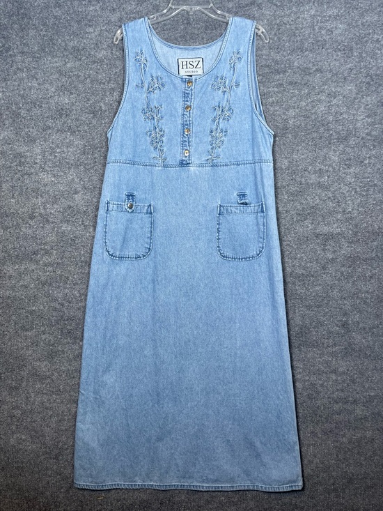 HSZ Studio Dresses & Skirts - HSZ Studio Womens XL Floral Embroidered Lightweight Denim Midi Dress VTG Teacher